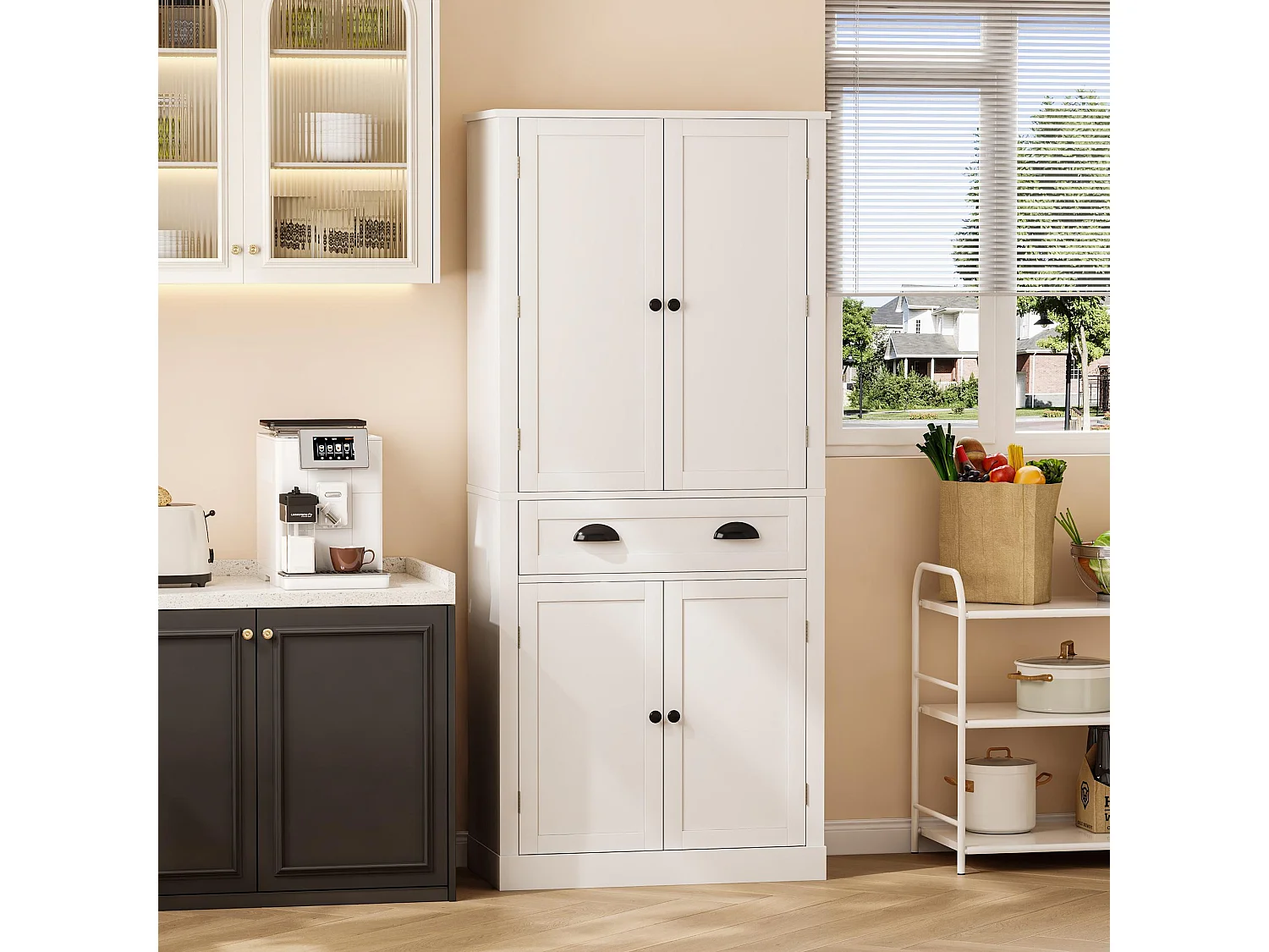 Buffet de cuisine 80x40x182cm - avec 2 portes et 1 tiroir - 2 portes avec étagères - Blanc