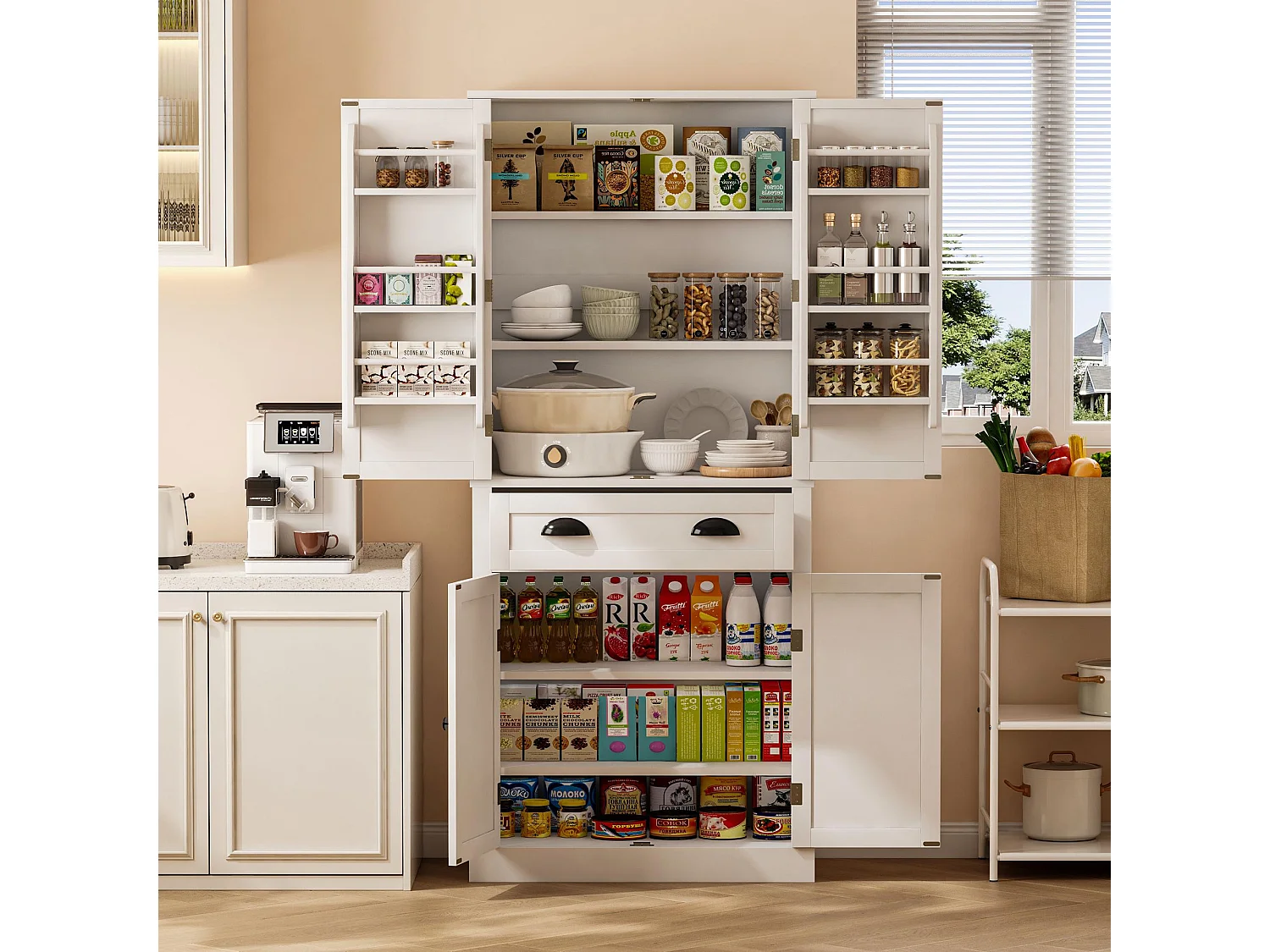 Buffet de cuisine 80x40x182cm - avec 2 portes et 1 tiroir - 2 portes avec étagères - Blanc