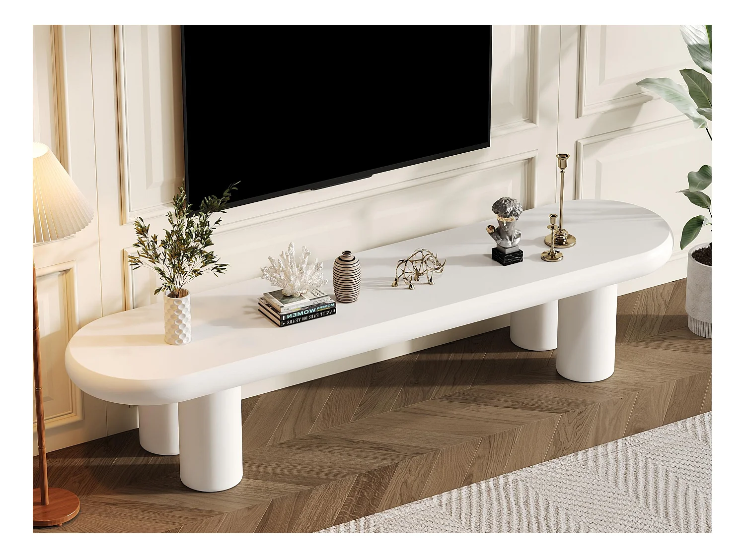 Meuble TV 160x40x40cm - avec 4 pieds robustes - MDF - blanc