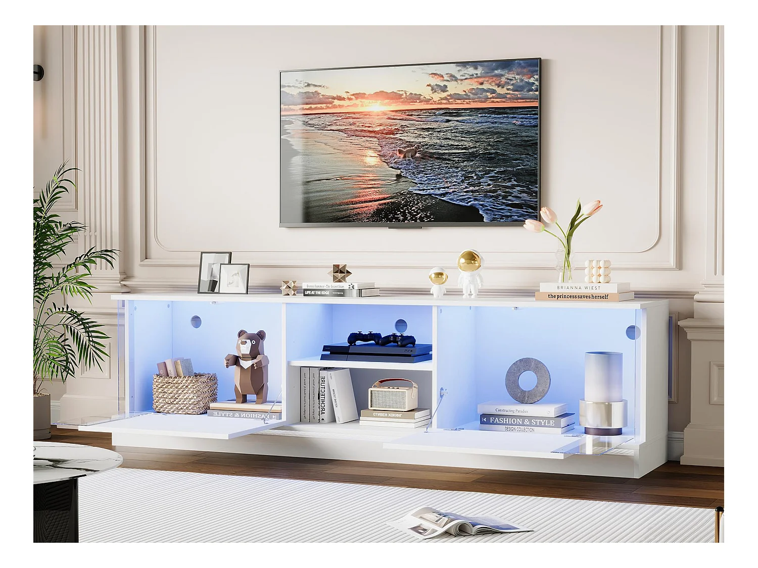 Meuble TV brillant - Avec étagères de rangement - Avec 2 portes - Pour téléviseurs jusqu'à 70" - Blanc