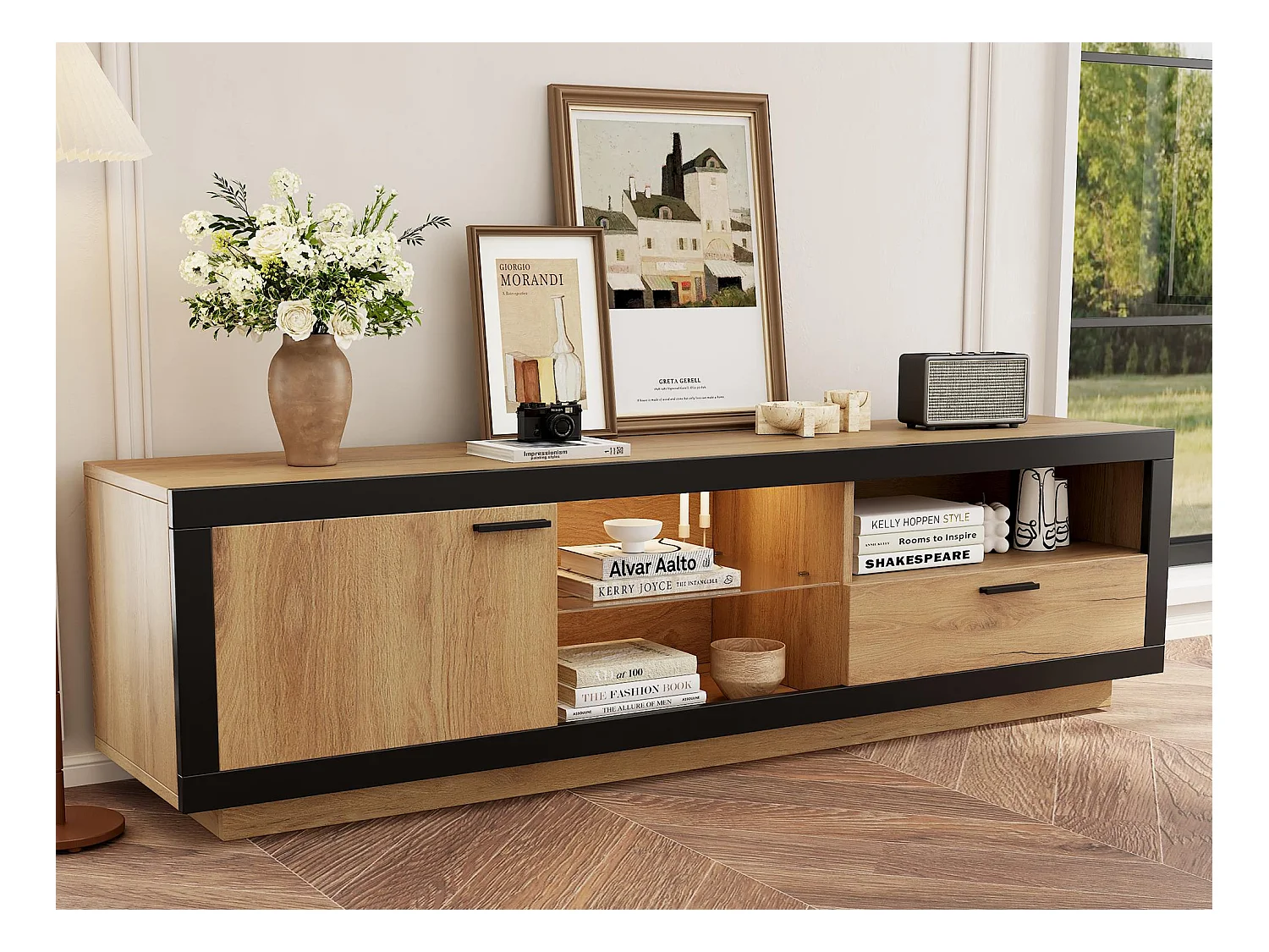 Meuble TV 160x40x50cm - avec 1 tiroir et 1 porte - pour TV 70/65/55 pouces - noir + naturel