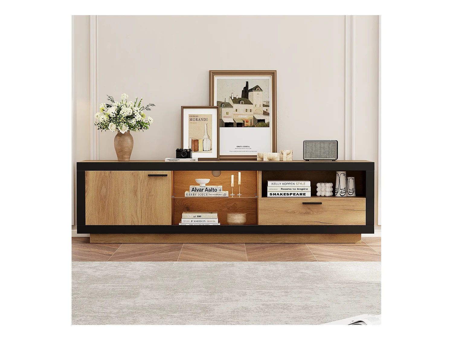 Meuble TV 160x40x50cm - avec 1 tiroir et 1 porte - pour TV 70/65/55 pouces - noir + naturel