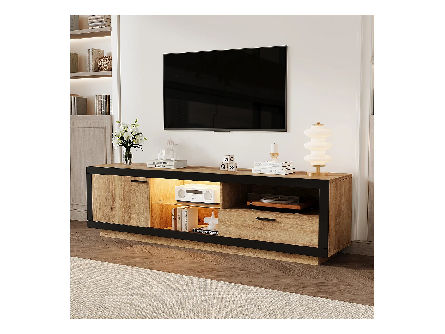 Meuble TV 160x40x50cm - avec 1 tiroir et 1 porte - pour TV 70/65/55 pouces - noir + naturel