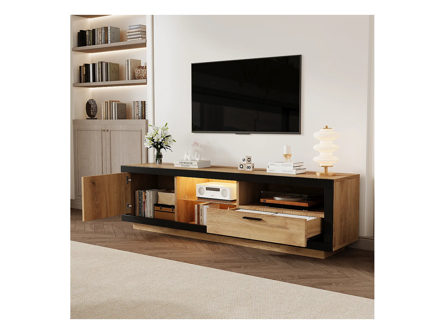Meuble TV 160x40x50cm - avec 1 tiroir et 1 porte - pour TV 70/65/55 pouces - noir + naturel