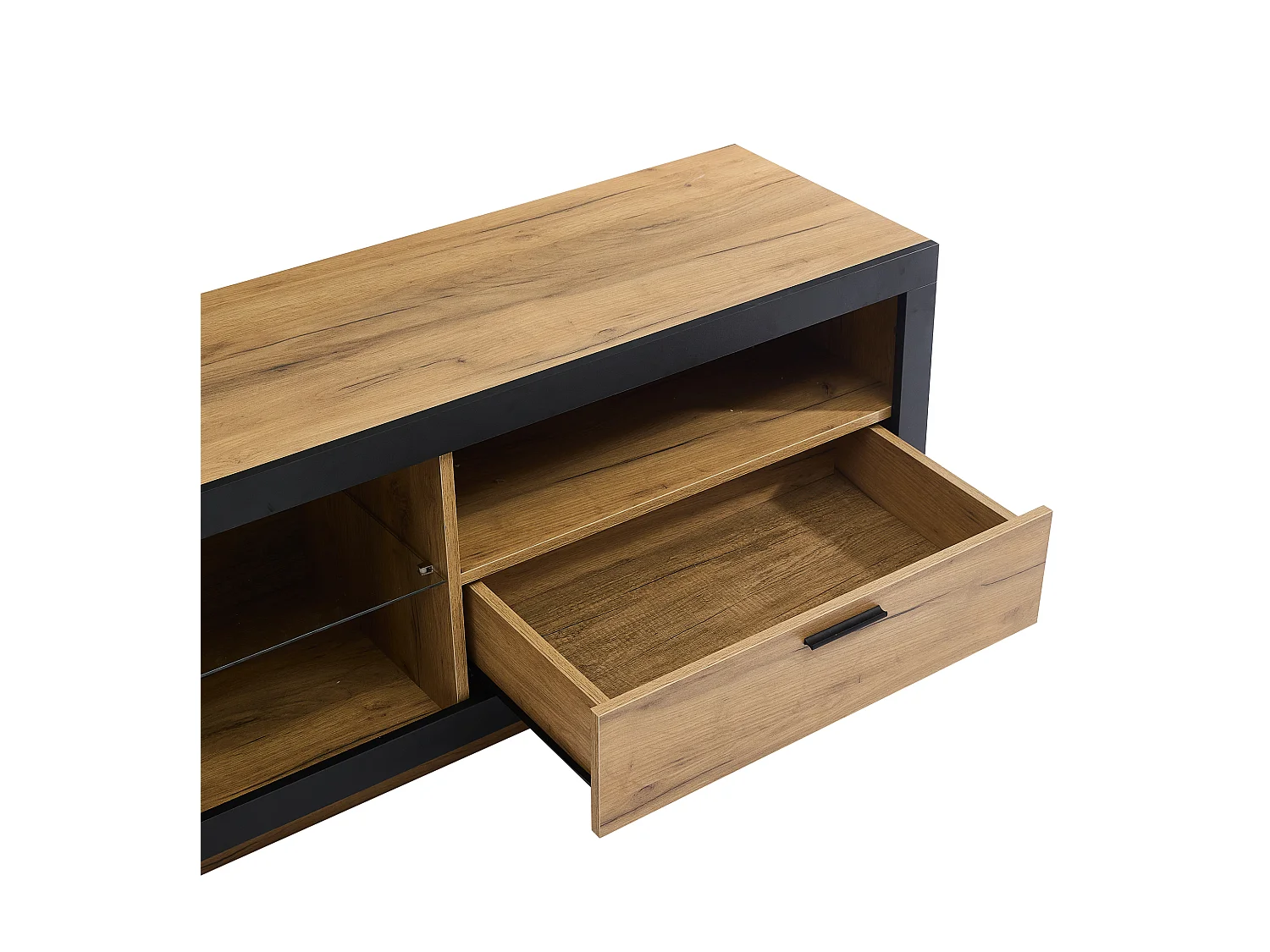 Meuble TV 160x40x50cm - avec 1 tiroir et 1 porte - pour TV 70/65/55 pouces - noir + naturel