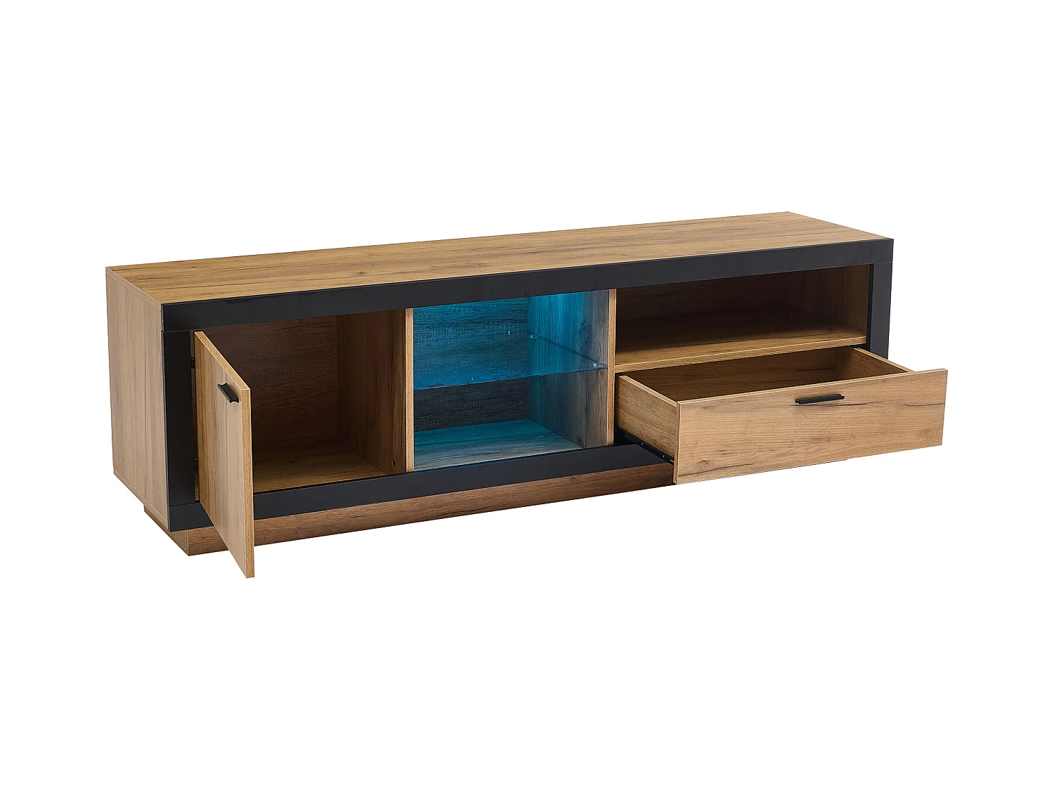 Meuble TV 160x40x50cm - avec 1 tiroir et 1 porte - pour TV 70/65/55 pouces - noir + naturel