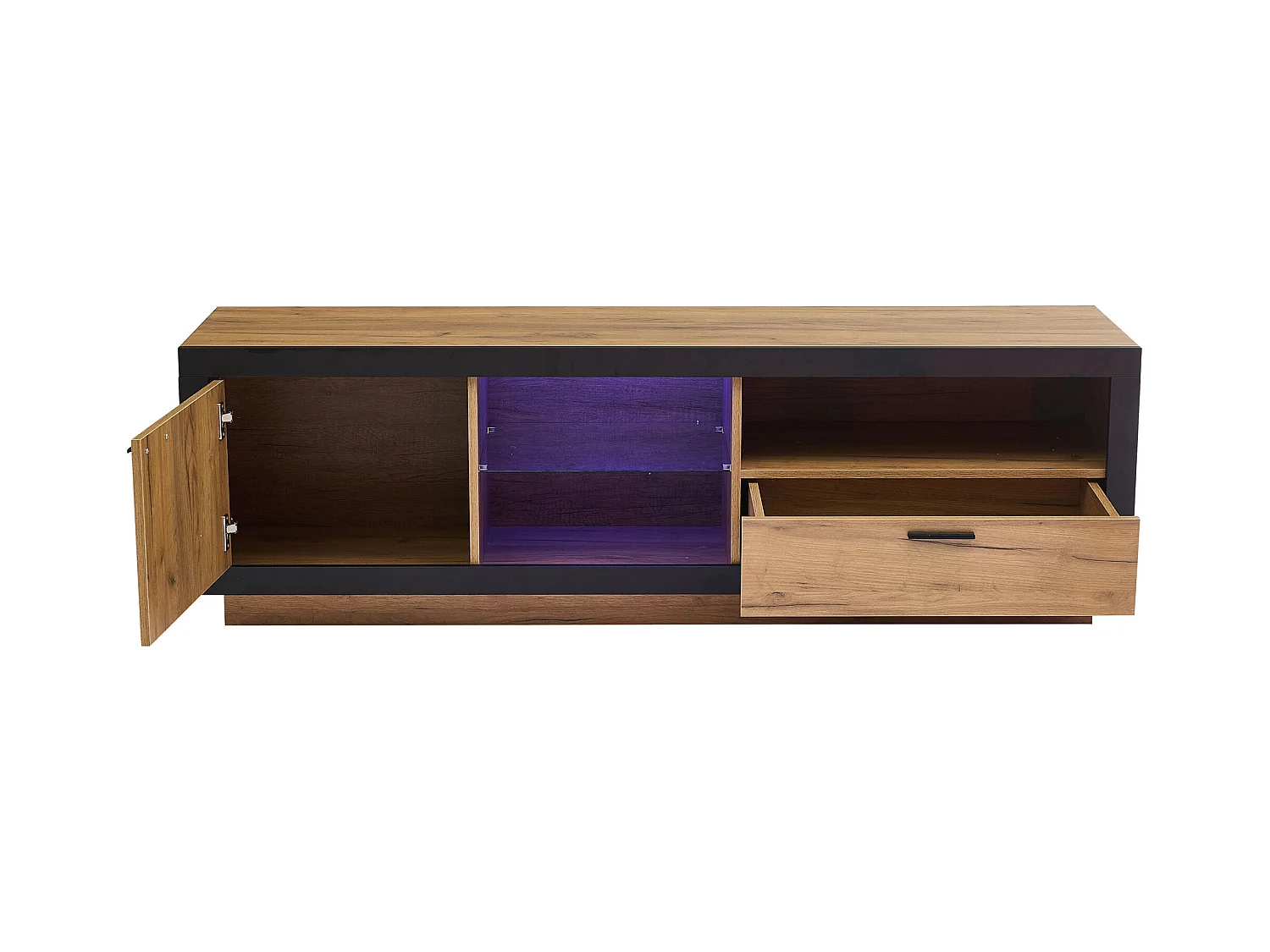 Meuble TV 160x40x50cm - avec 1 tiroir et 1 porte - pour TV 70/65/55 pouces - noir + naturel