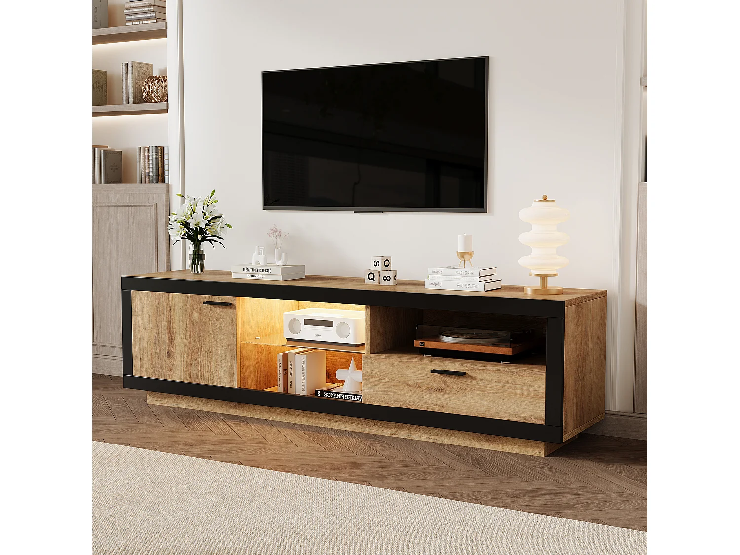 Meuble TV 160x40x50cm - avec 1 tiroir et 1 porte - pour TV 70/65/55 pouces - noir + naturel