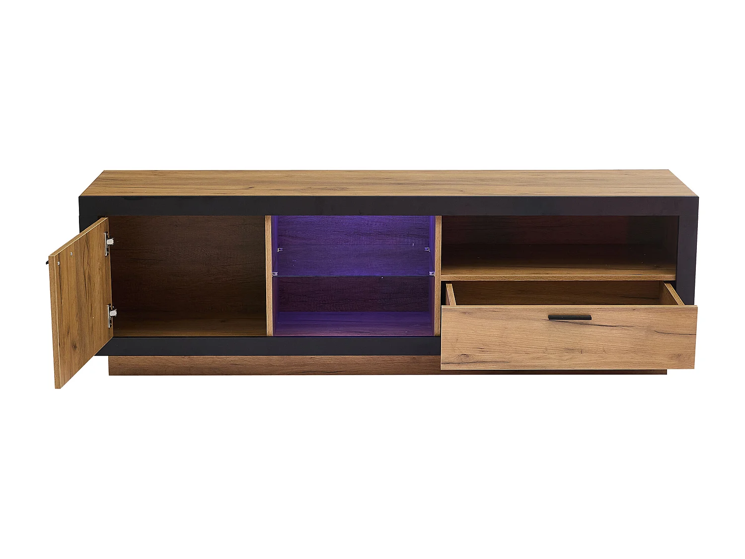 Meuble TV 160x40x50cm - avec 1 tiroir et 1 porte - pour TV 70/65/55 pouces - noir + naturel