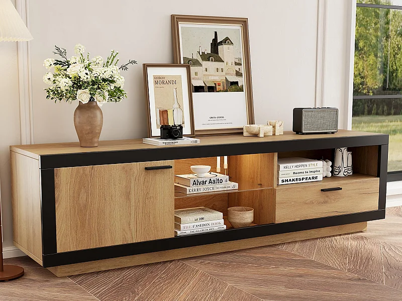 Meuble TV 160x40x50cm - avec 1 tiroir et 1 porte - pour TV 70/65/55 pouces - noir + naturel