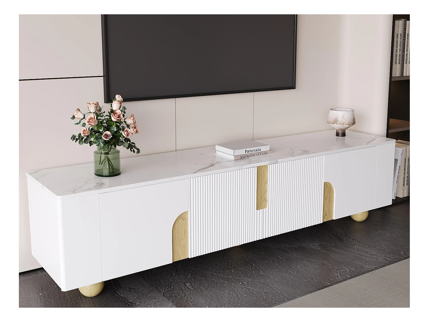 Meuble TV 180x40x44cm - 4 portes - MDF+aggloméré - blanc