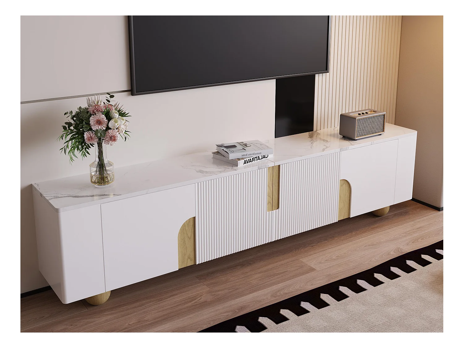 Meuble TV 180x40x44cm - 4 portes - MDF+aggloméré - blanc
