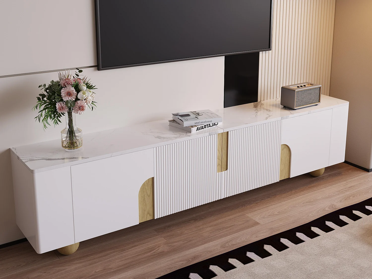 Meuble TV 180x40x44cm - 4 portes - MDF+aggloméré - blanc