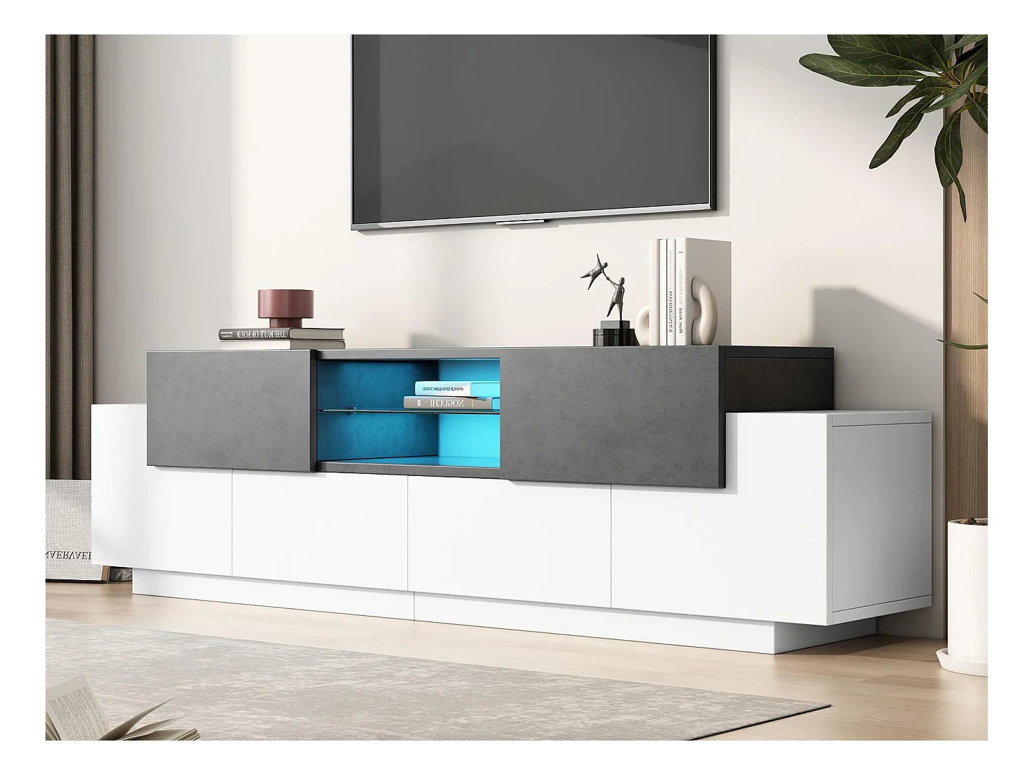Meuble TV180x40x45cm - avec LED - avec 2 tiroirs et 4 portes - pour téléviseurs 80/75/70/65/55 pouces - blanc + gris
