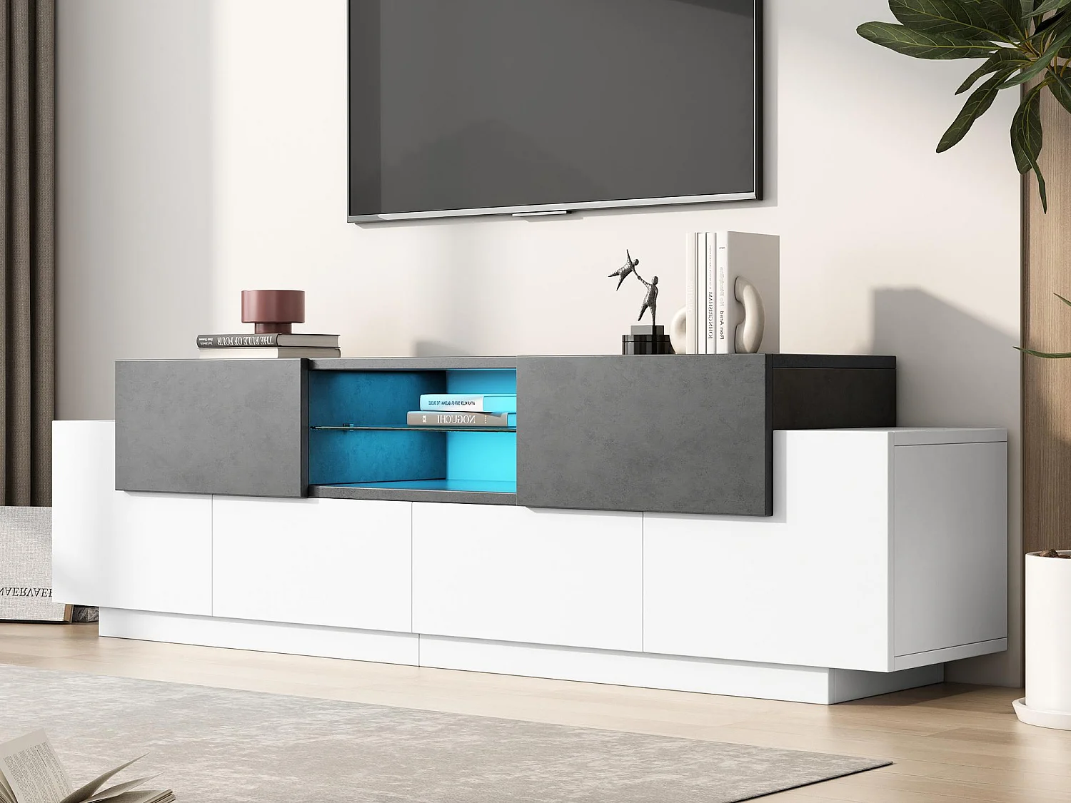 Mueble TV 180×40×45 cm - con iluminación LED - con 2 cajones y 4 puertas - para televisores de 80/75/70/65/55 pulgadas - blanco/gris