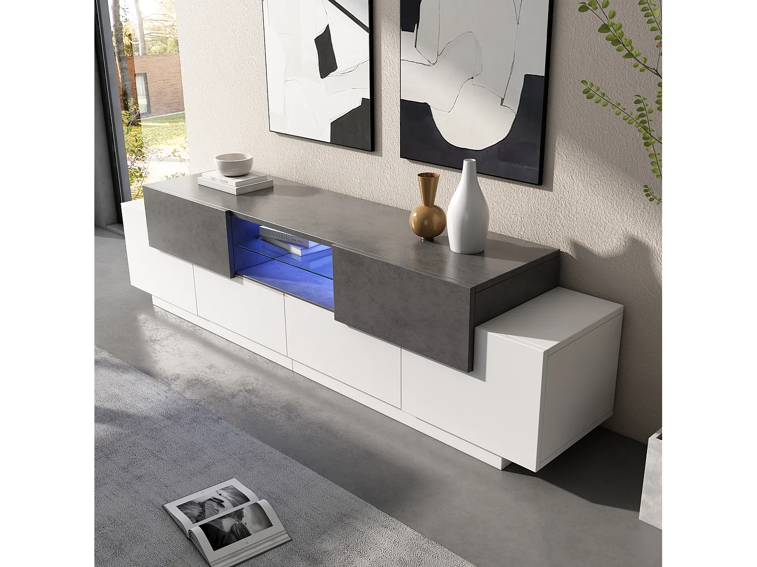 Mueble TV 180×40×45 cm - con iluminación LED - con 2 cajones y 4 puertas - para televisores de 80/75/70/65/55 pulgadas - blanco/gris