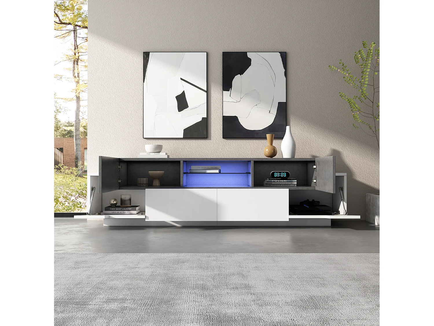 Mueble TV 180×40×45 cm - con iluminación LED - con 2 cajones y 4 puertas - para televisores de 80/75/70/65/55 pulgadas - blanco/gris