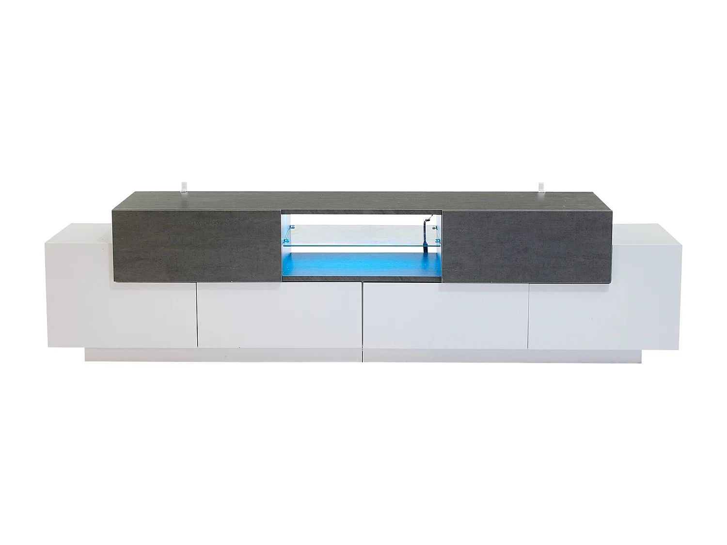 Mueble TV 180×40×45 cm - con iluminación LED - con 2 cajones y 4 puertas - para televisores de 80/75/70/65/55 pulgadas - blanco/gris