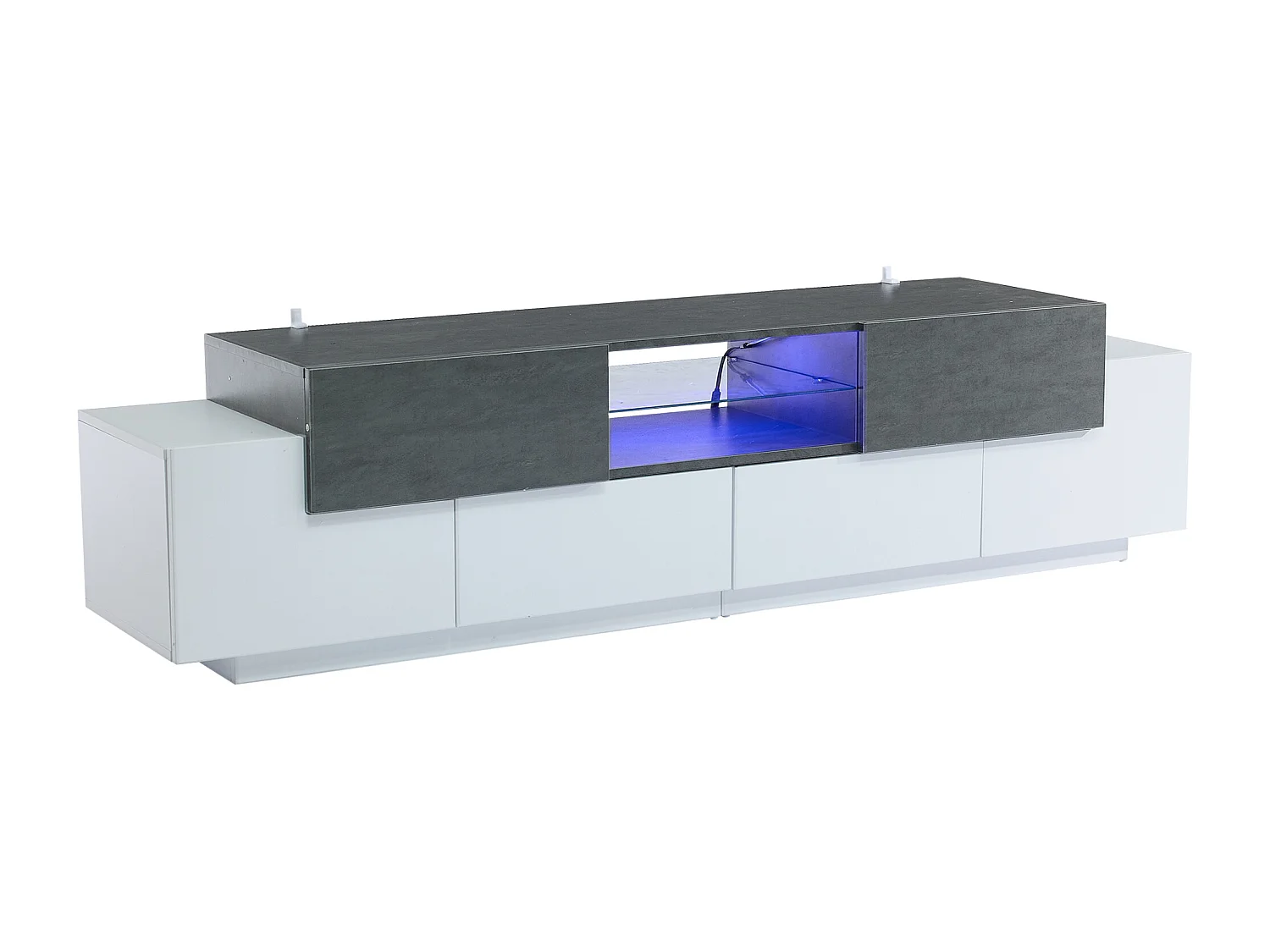 Mueble TV 180×40×45 cm - con iluminación LED - con 2 cajones y 4 puertas - para televisores de 80/75/70/65/55 pulgadas - blanco/gris