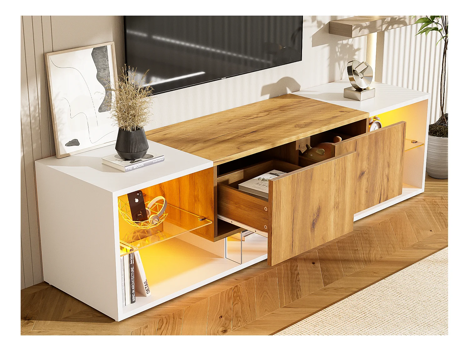 Mueble TV 160x40x42 cm - con 2 cajones - compatible con televisores de hasta 70 pulgadas - blanco/natural