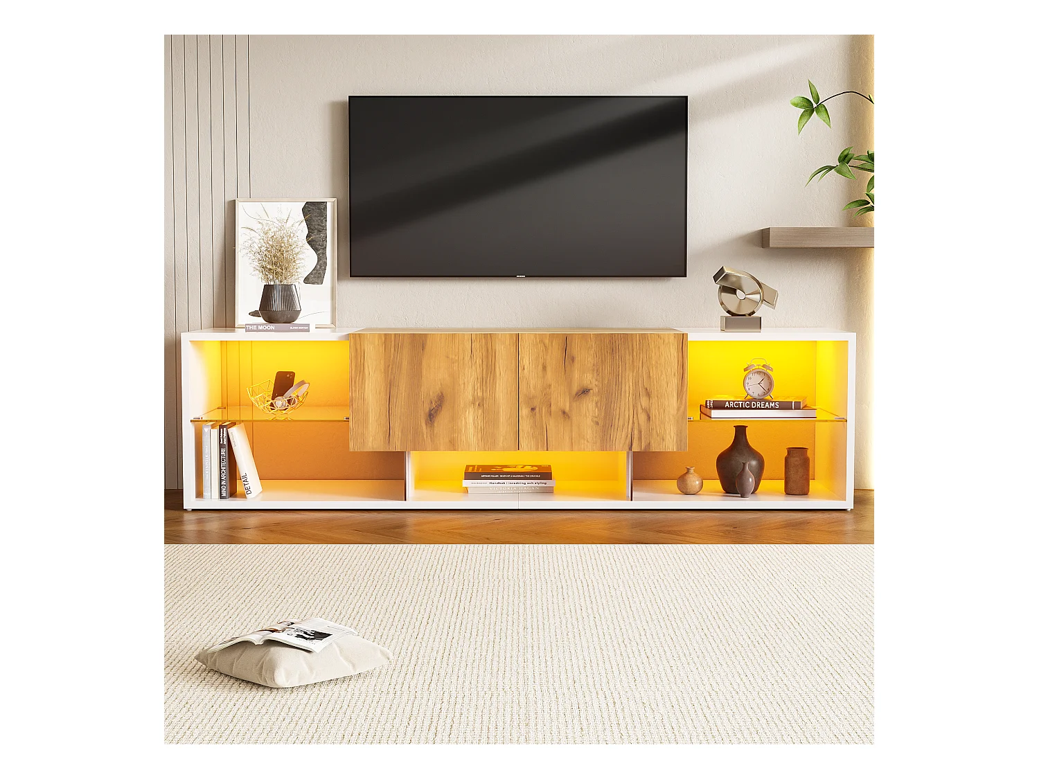 Mueble TV 160x40x42 cm - con 2 cajones - compatible con televisores de hasta 70 pulgadas - blanco/natural