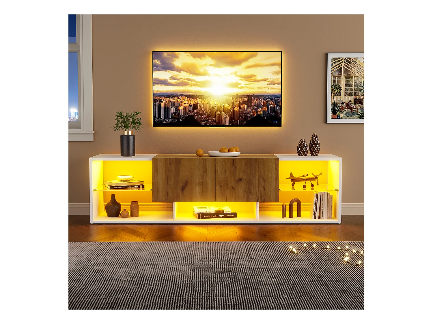 Mueble TV 160x40x42 cm - con 2 cajones - compatible con televisores de hasta 70 pulgadas - blanco/natural