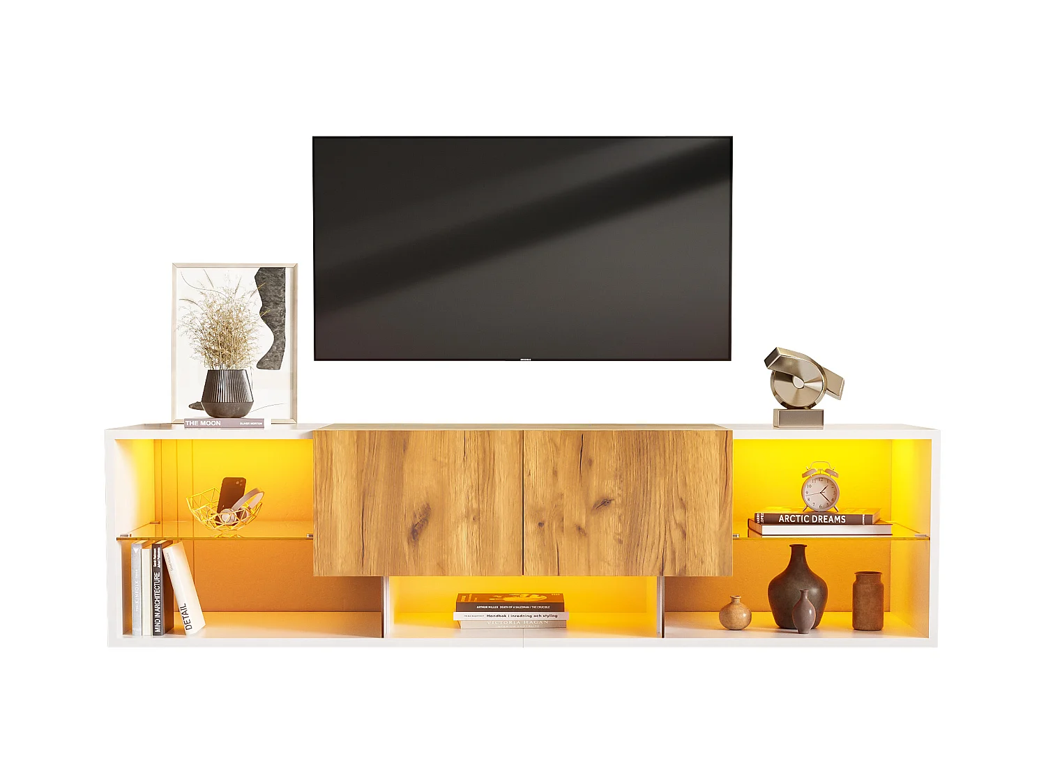 Mueble TV 160x40x42 cm - con 2 cajones - compatible con televisores de hasta 70 pulgadas - blanco/natural