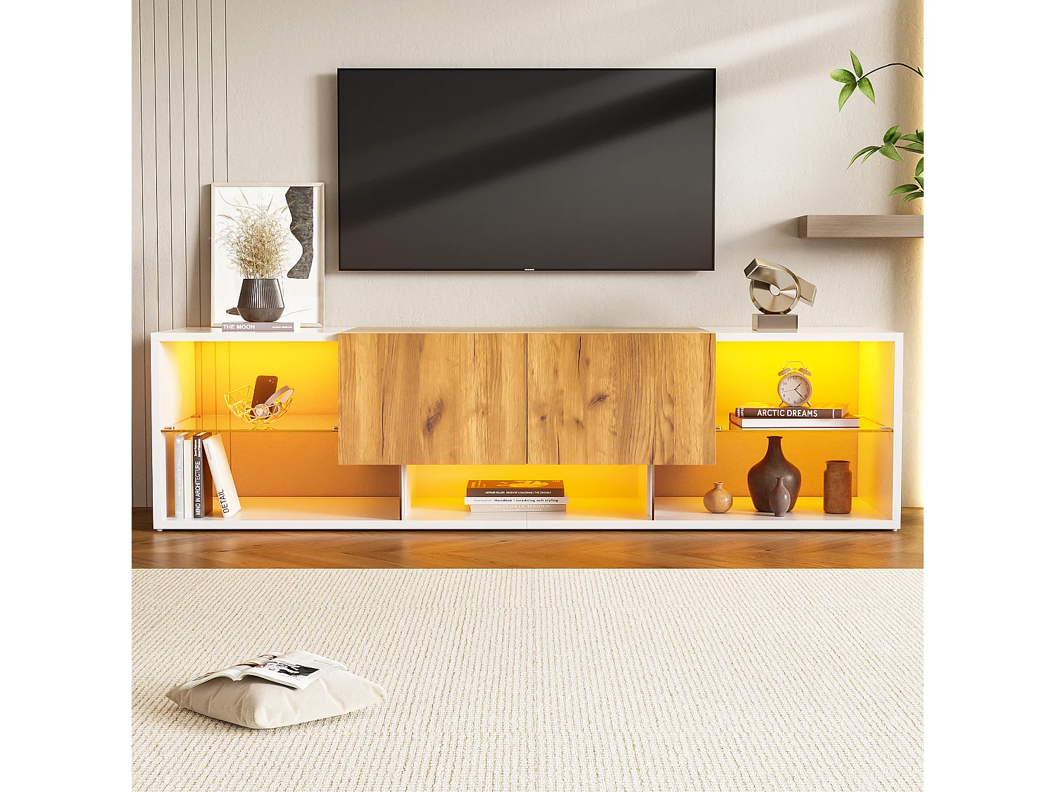 Meuble TV 160x40x42cm - avec 2 tiroirs - peut accueillir des téléviseurs jusqu'à 70 pouces - blanc+naturel