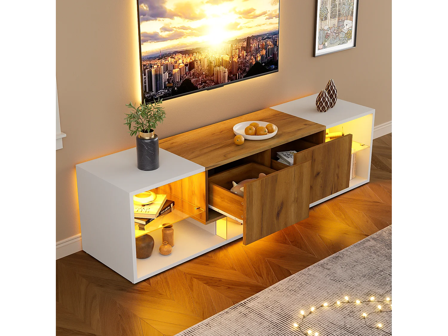 Móvel para TV 160x40x42 cm - com 2 gavetas - compatível com televisores até 70 polegadas - branco/natural