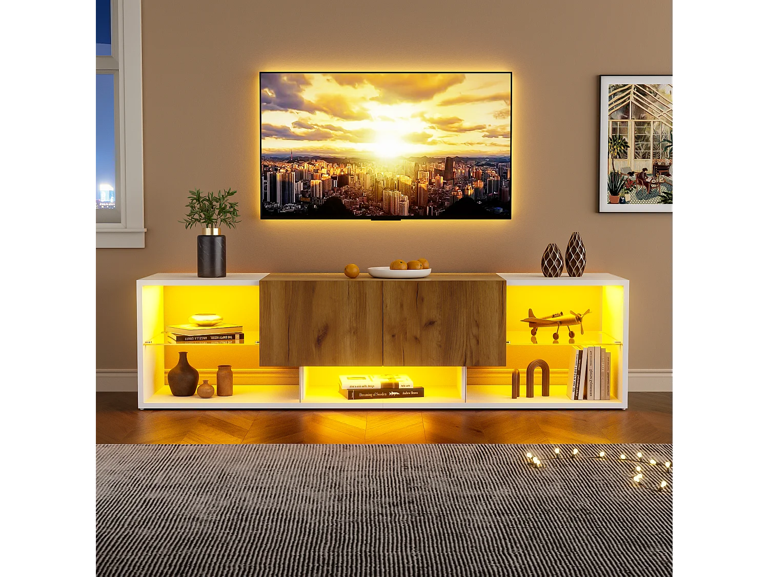 Móvel para TV 160x40x42 cm - com 2 gavetas - compatível com televisores até 70 polegadas - branco/natural