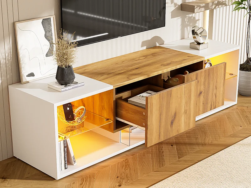 TV-Schrank 160x40x42 cm - mit 2 Schubladen - geeignet für Fernseher bis 70 Zoll - weiß/natur