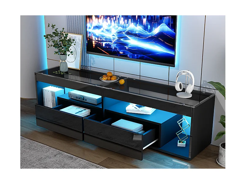 Błyszcząca szafka pod telewizor 180x50x46 cm - z 2 szufladami - z LED - do telewizorów do 70" - czarny