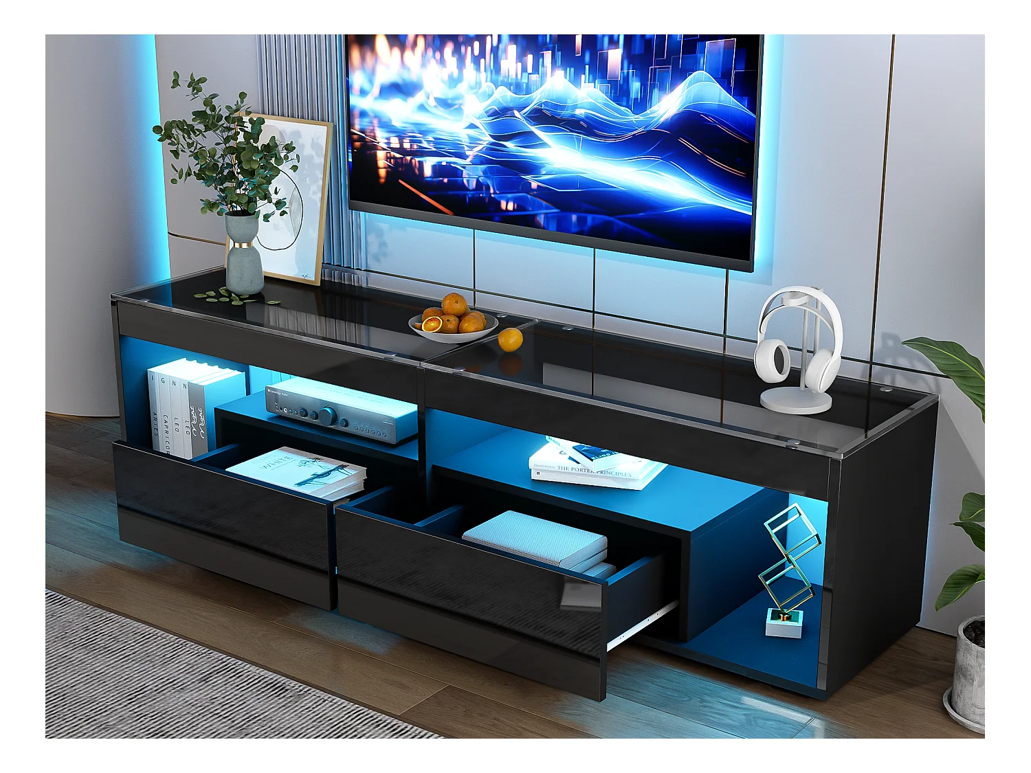 Błyszcząca szafka pod telewizor 180x50x46 cm - z 2 szufladami - z LED - do telewizorów do 70" - czarny