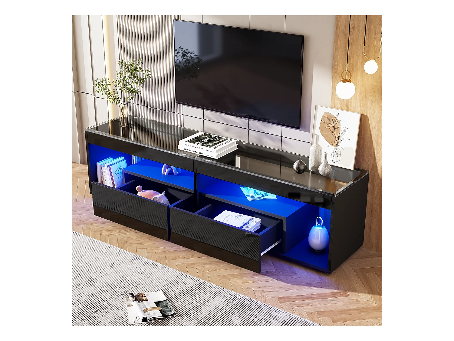 Błyszcząca szafka pod telewizor 180x50x46 cm - z 2 szufladami - z LED - do telewizorów do 70" - czarny