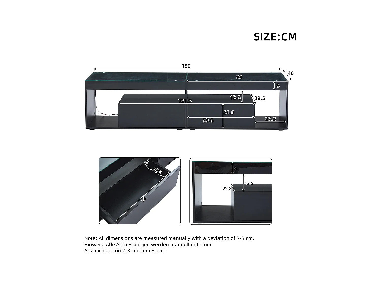 Błyszcząca szafka pod telewizor 180x50x46 cm - z 2 szufladami - z LED - do telewizorów do 70" - czarny