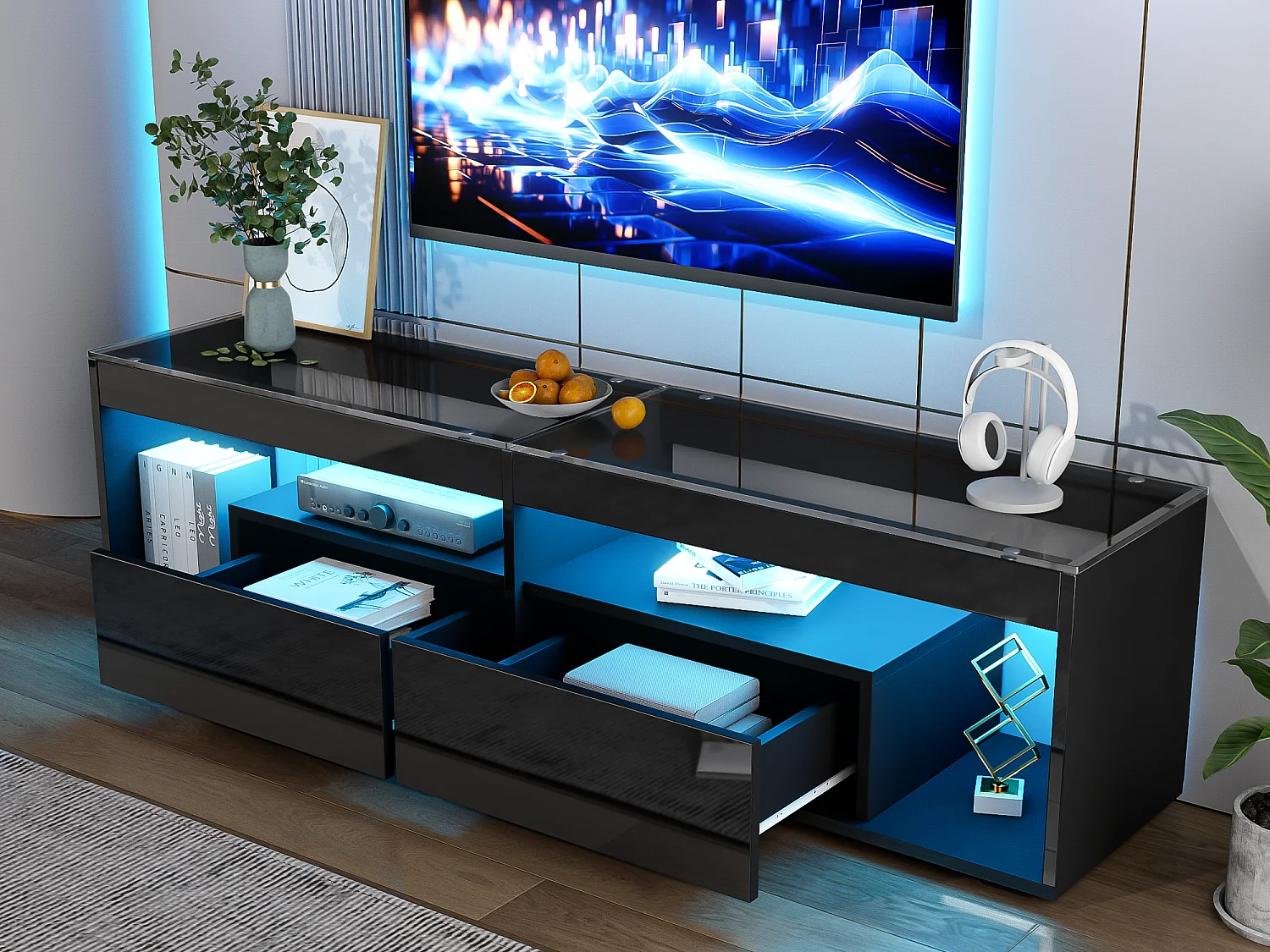 Glanzend TV-meubel 180x50x46 cm - met 2 laden - met LED - voor televisies tot 70" - zwart