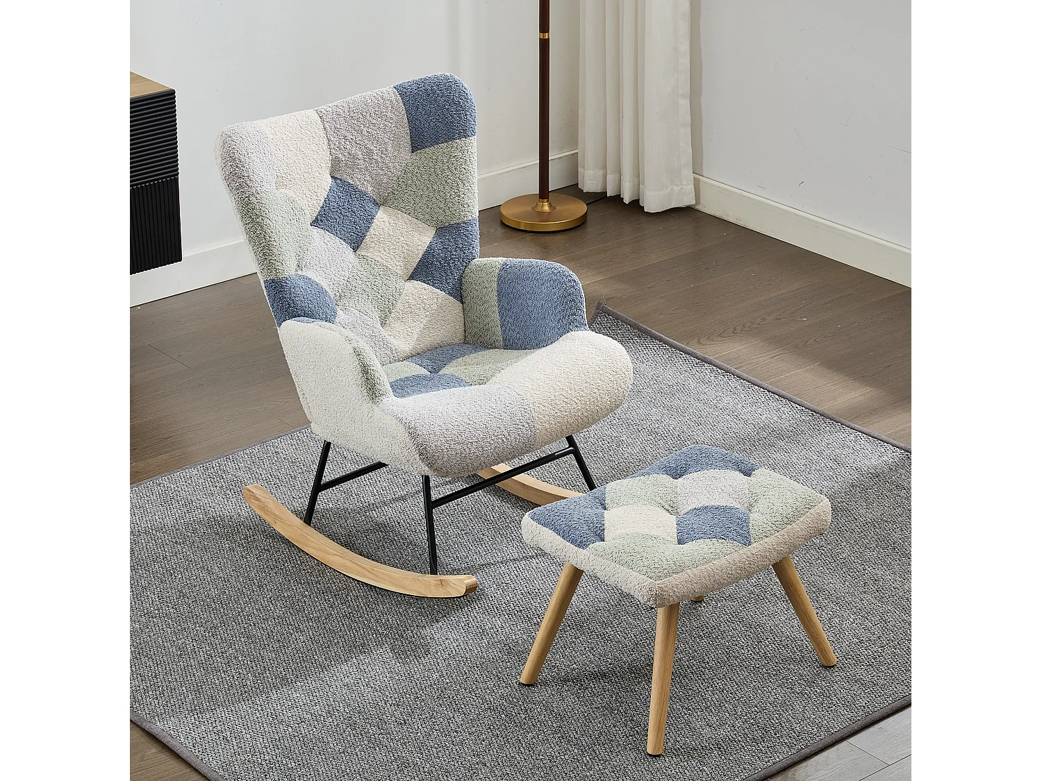 Gevulde schommelstoel met voetensteun - Beige en blauw