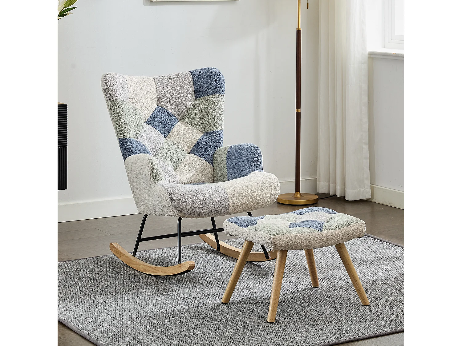 Gevulde schommelstoel met voetensteun - Beige en blauw