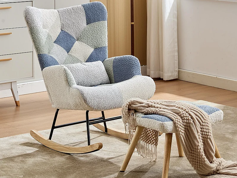 Gevulde schommelstoel met voetensteun - Beige en blauw