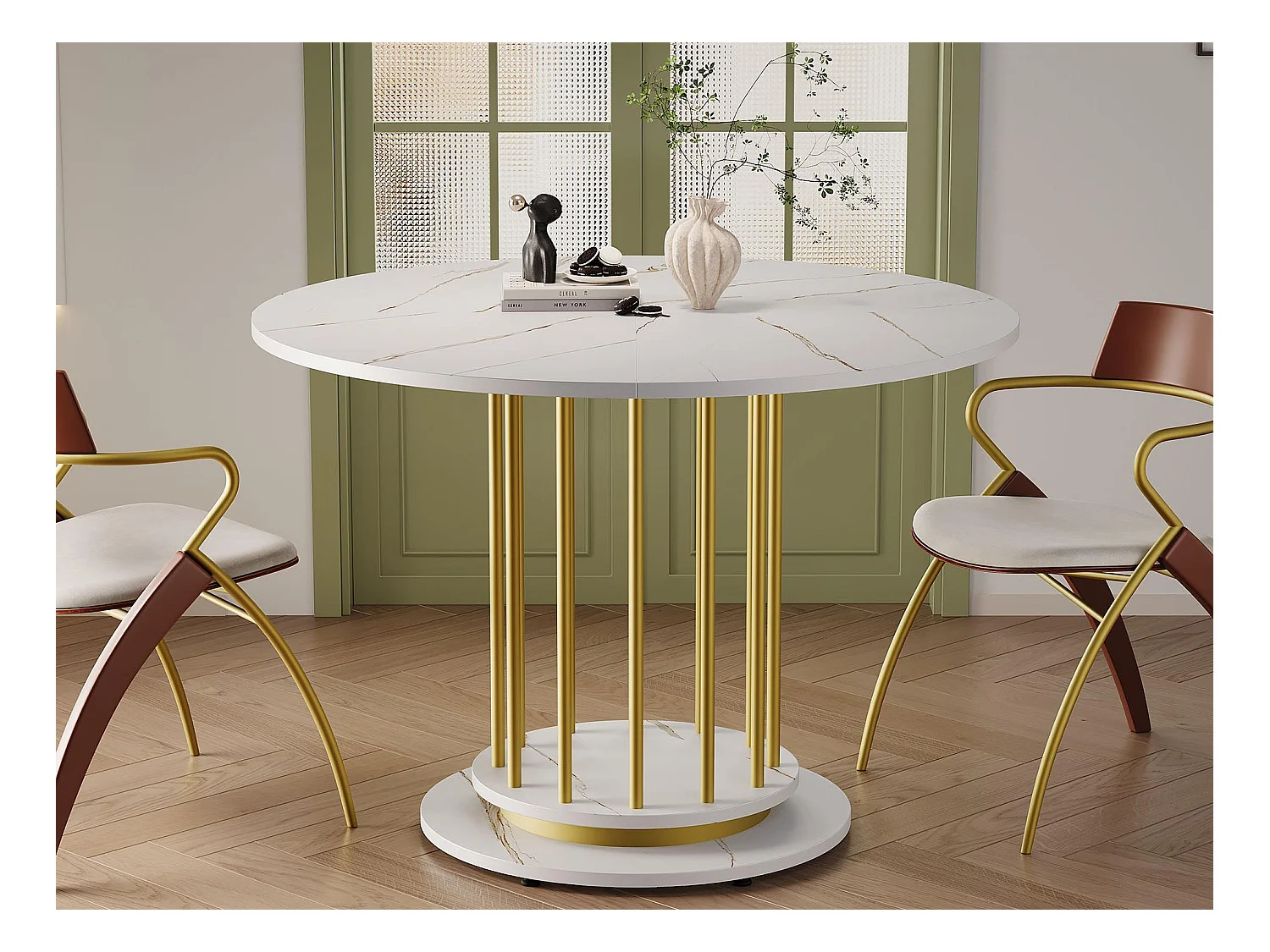 Table à manger ronde - Cadre en métal - placage à motif marbre - 2 à 4 personnes - Blanc & Doré