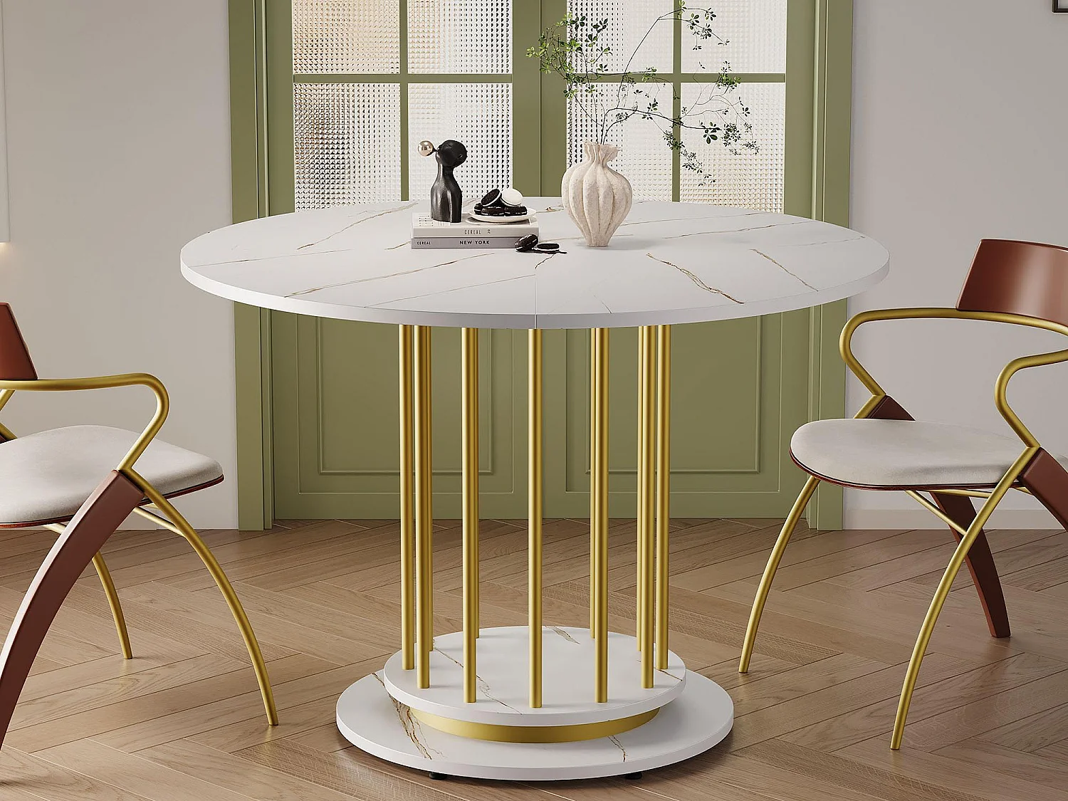 Ronde eettafel - Metal frame - Marmer fineer - 2 tot 4 personen - Wit & Goud