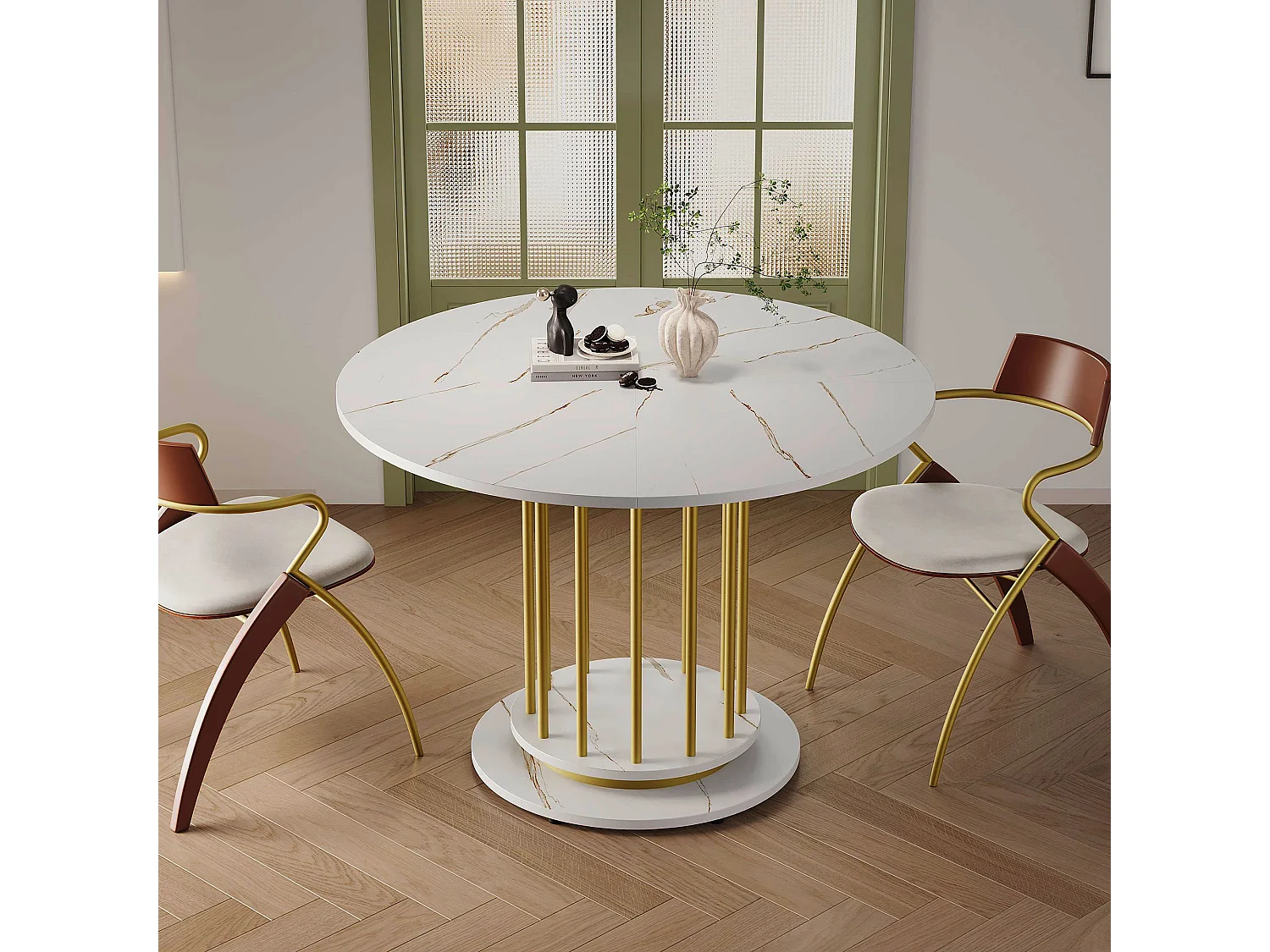 Ronde eettafel - Metal frame - Marmer fineer - 2 tot 4 personen - Wit & Goud