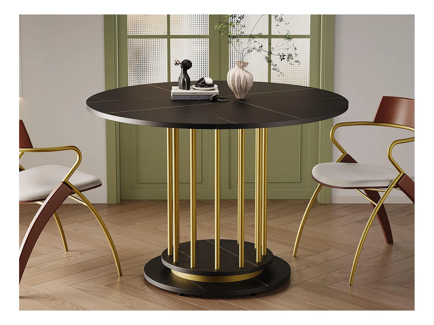 Table à manger ronde - Cadre en métal - placage à motif marbre - 2 à 4 personnes - Noir & Doré