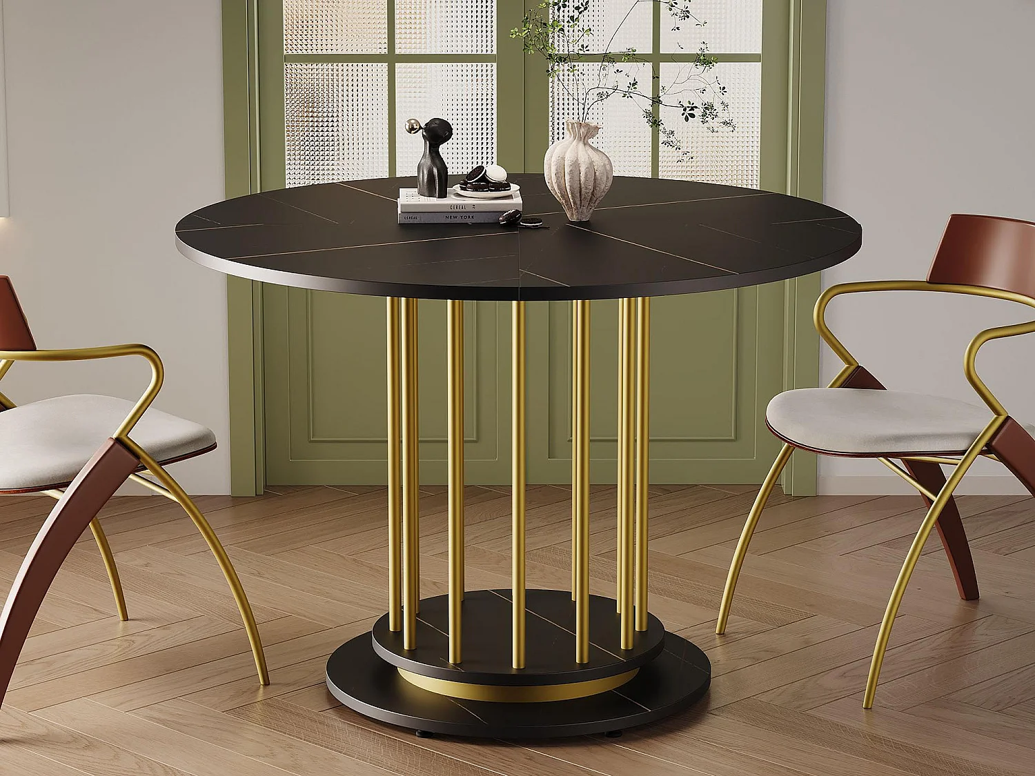 Ronde eettafel - Metal frame - Marmer fineer - 2 tot 4 personen - Zwart & Goud