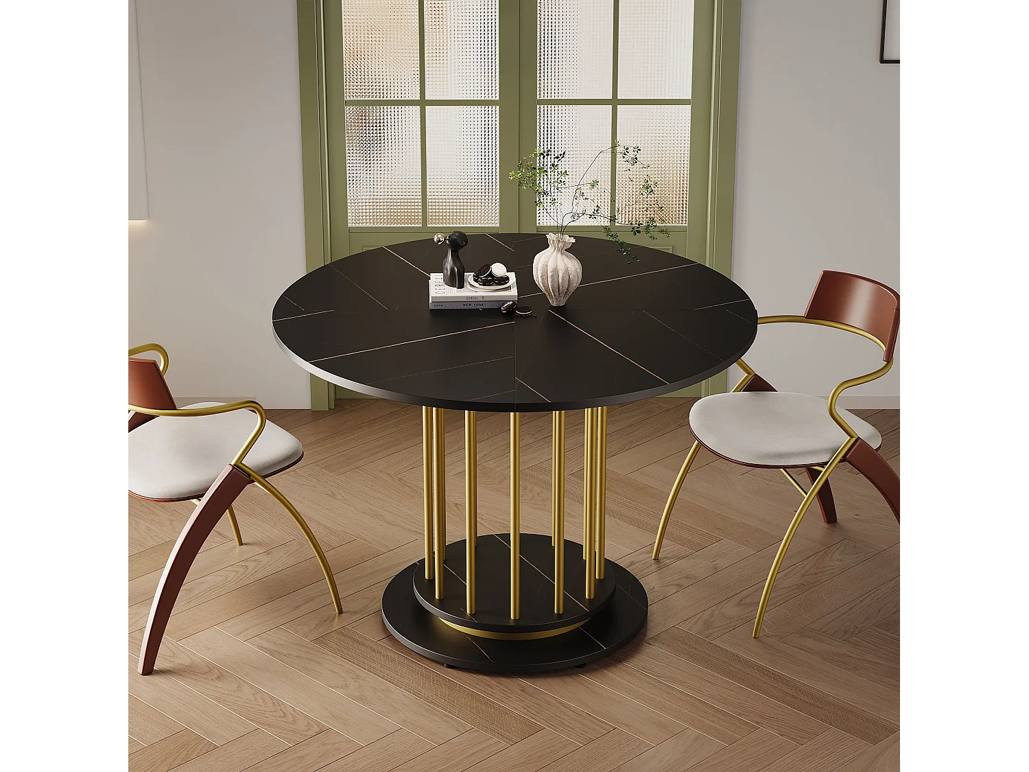 Ronde eettafel - Metal frame - Marmer fineer - 2 tot 4 personen - Zwart & Goud