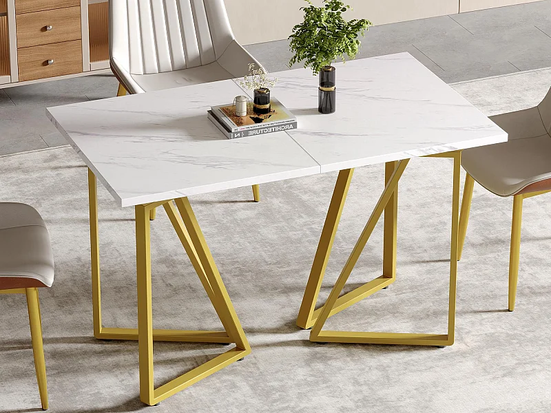 Table à manger extensible - plateau effet marbre - 6 à 8 personnes- Blanc+Doré