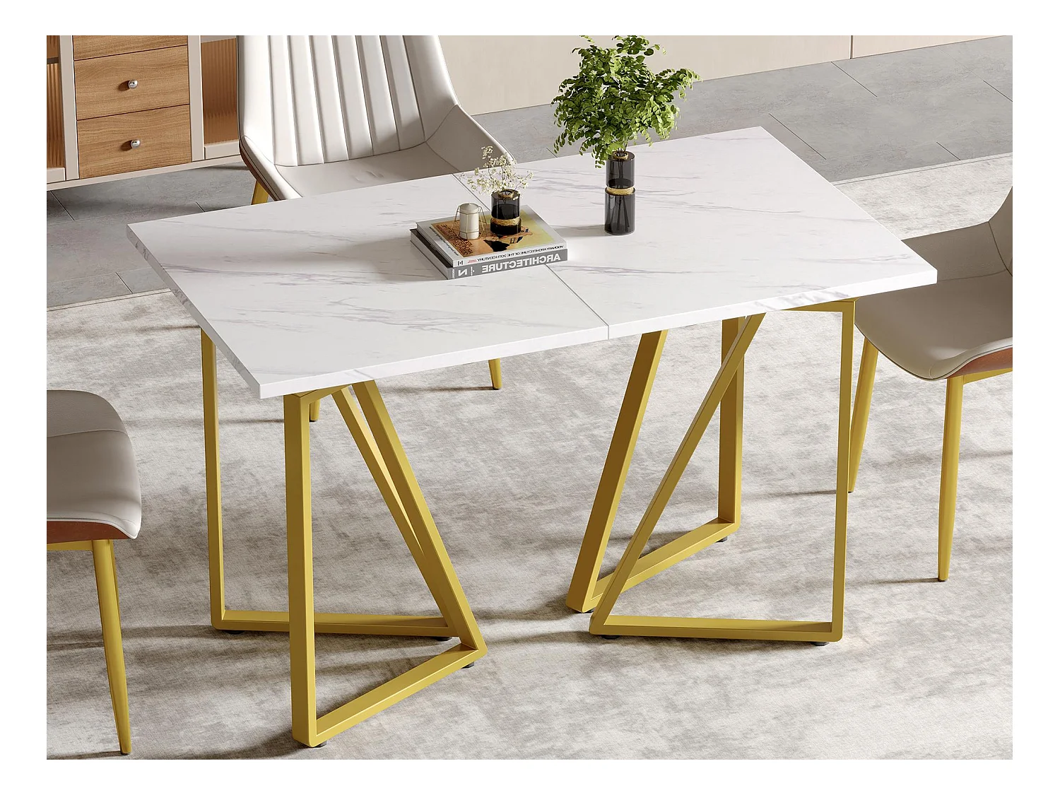 Table à manger extensible - plateau effet marbre - 6 à 8 personnes- Blanc+Doré
