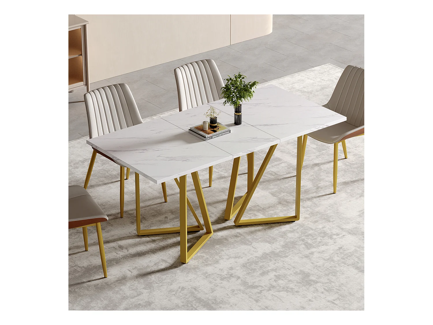 Table à manger extensible - plateau effet marbre - 6 à 8 personnes- Blanc+Doré