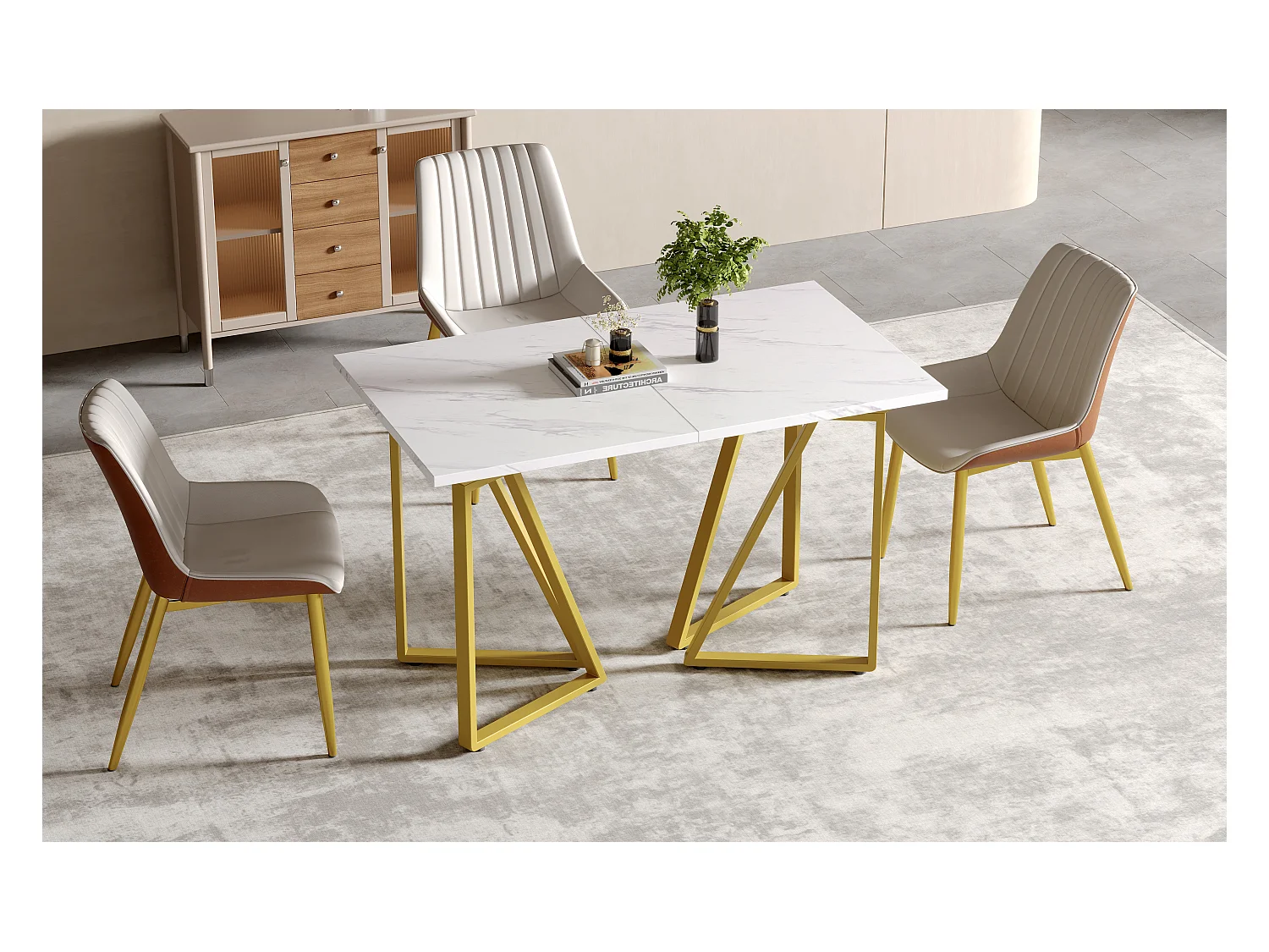 Table à manger extensible - plateau effet marbre - 6 à 8 personnes- Blanc+Doré