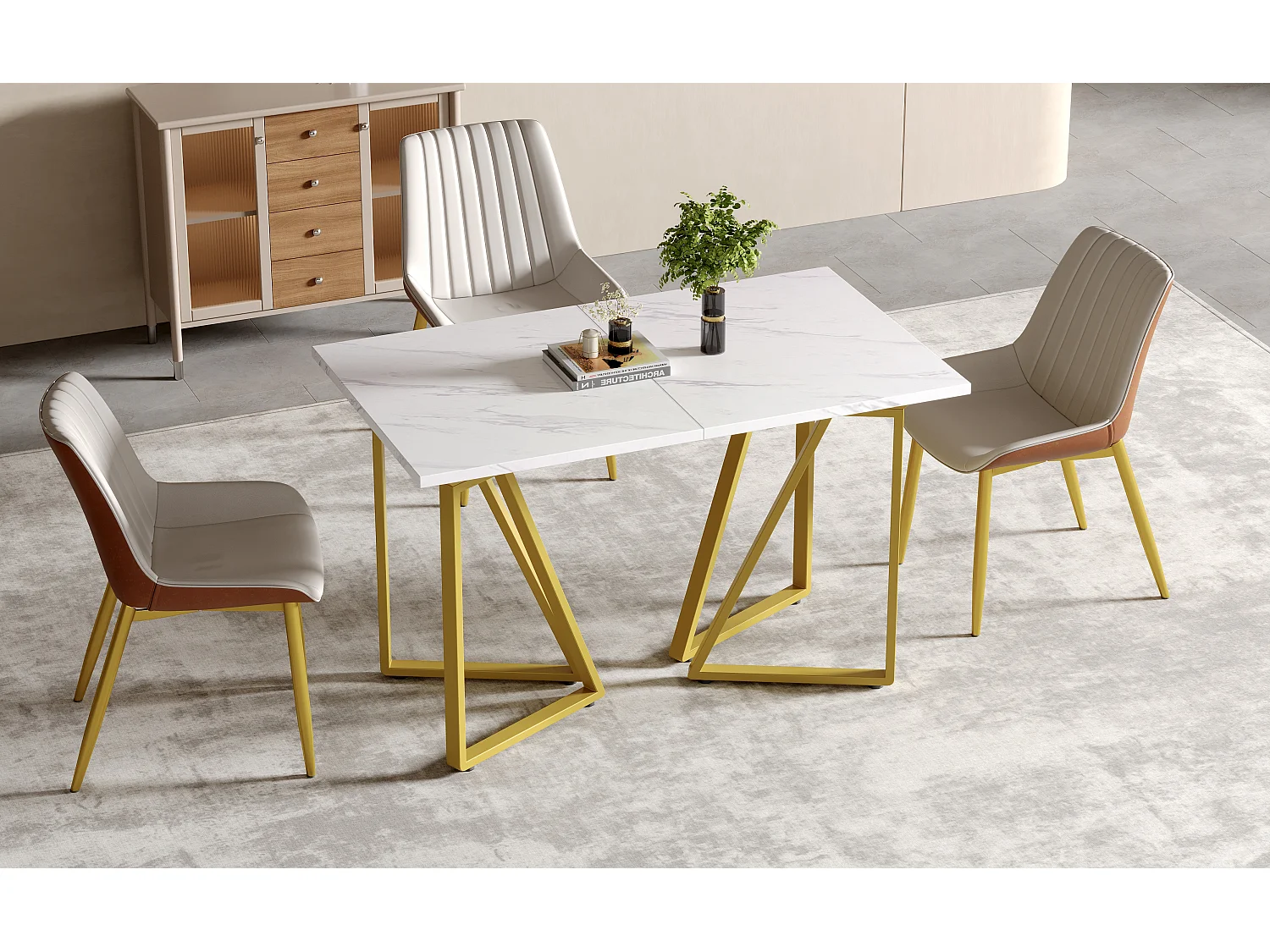 Table à manger extensible - plateau effet marbre - 6 à 8 personnes- Blanc+Doré
